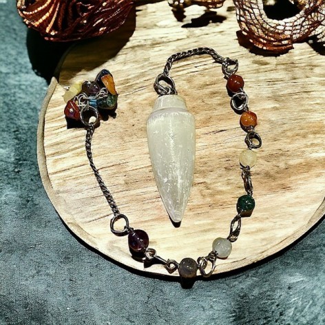 Selenite pendulum drop, chakra chain