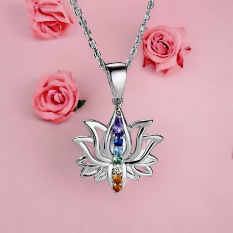 925 Sterling Silver Pendant, Lotus Flower 7 Chakras