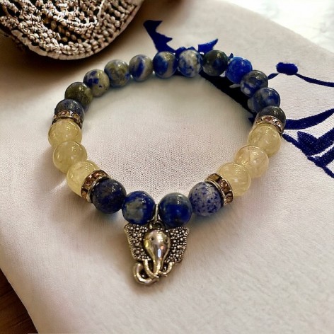 Lapis lazuli & Rutile quartz bracelet with Ganesh