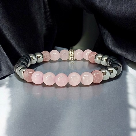 Bracelet en hématite, tourmaline et quartz rose