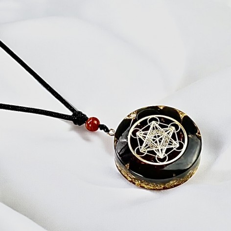 Pendentif orgonite Métatron, Obsidienne & grenat