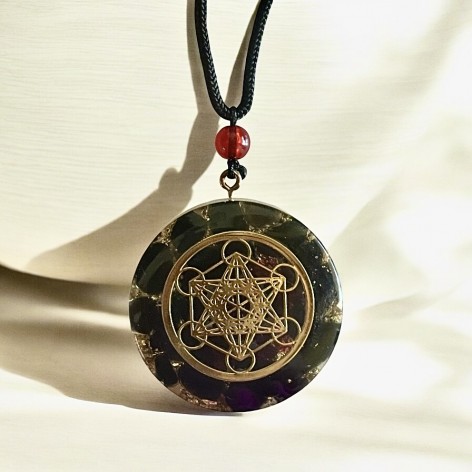 Pendentif orgonite Métatron, Obsidienne & grenat