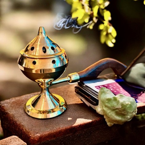 Räuchergefäß Messing Holzgriff